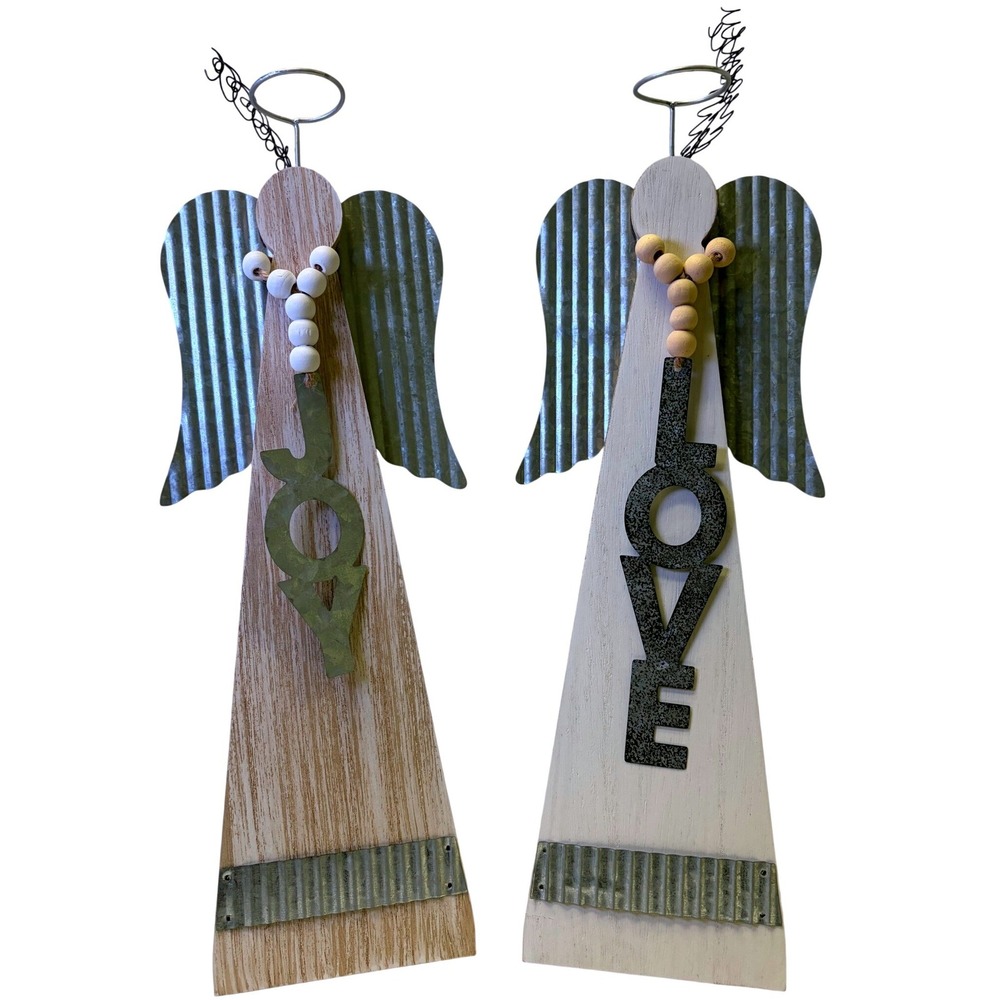 Rustic Wood and Galvanized Metal Angel Tabletop Decor Set Joy Love 12.5 Inch